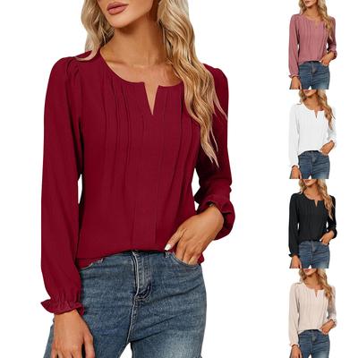 Women's Spring And Autumn Casual Solid Color V-Neck Long Sleeved Striped Chiffon Shirt Top