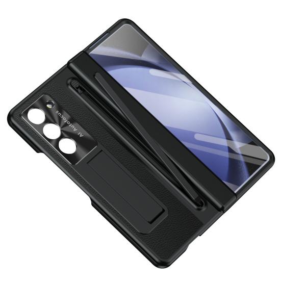 Phone Case for Samsung Z Fold 6 PC Shell with Pen Slot Spring Hinge Protection & Integrated Kickstand Full-Body Cover with Tempered Glass Screen Guard