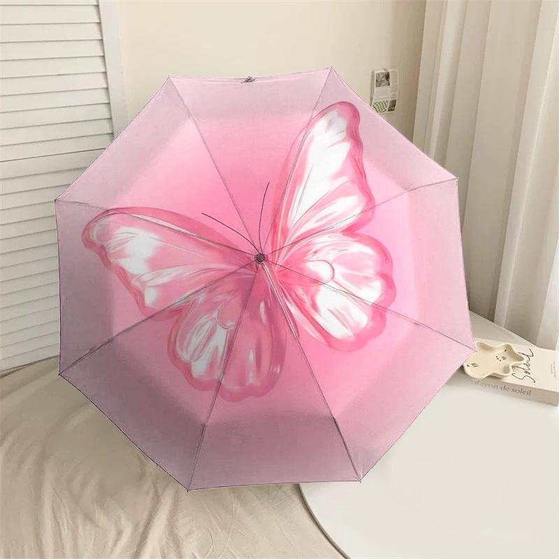1pc Butterfly Pink Automatic Folding Umbrella 8 Rib Iron Frame,  Suitable for Travel, Daily Use, Birthday, Women & Men Gift c1231041