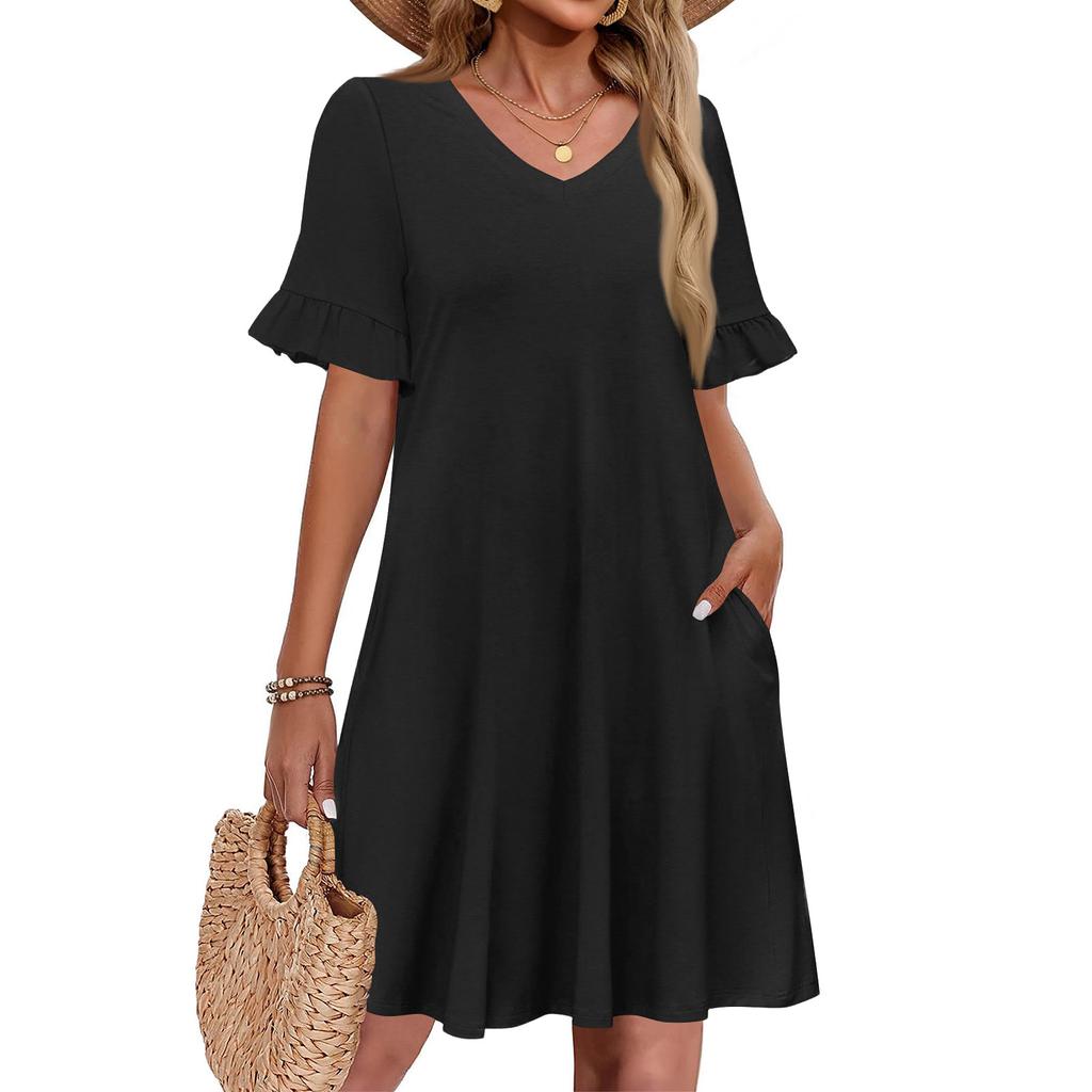 Women A Line Sun Dress Short Sleeve V Neck Dress With Pockets
