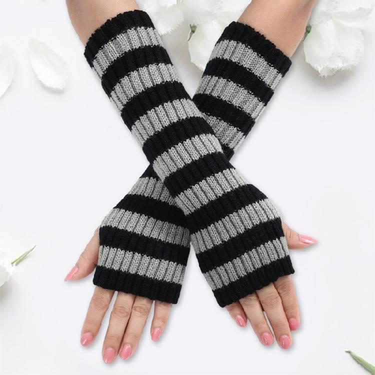 Teenagers Winter Half Finger Mitten Stripe Pattern Knit Keep Warm Lengthen Wrist