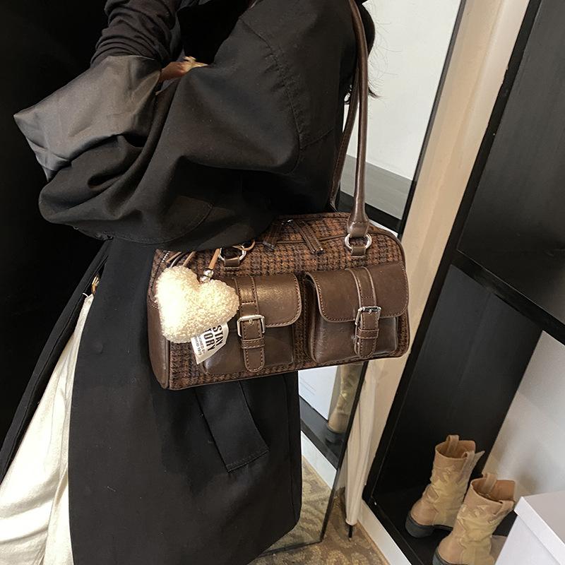 Retro fashion bowling bag women's 2025 autumn and winter new foreign style underarm bag simple plaid handbag shoulder bag