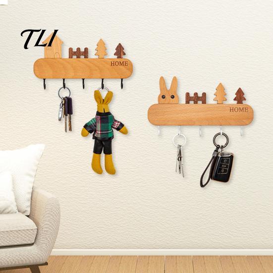 Heavy Duty Screw Fixation Hooks Wooden Key Holder with 5 Hooks, Cartoon House Theme Organizer, Multi Entryway Wall Storage Purpose Hanging Rack