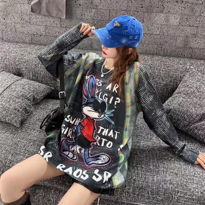 Women's Cartoon Rhinestone Long Sleeve Sweater - Chic Korean Style Loose Knit Round Neck Top for Autumn/Winter