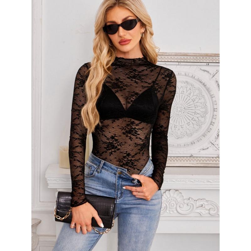 Dames Sheer Kant Mesh Lange Mouw Slim Fit Semi Hoge Hals Casual Basis Blouse