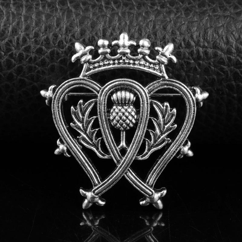 Retro Scottish Thistle Brooch with Crown & Heart Scarf Pin