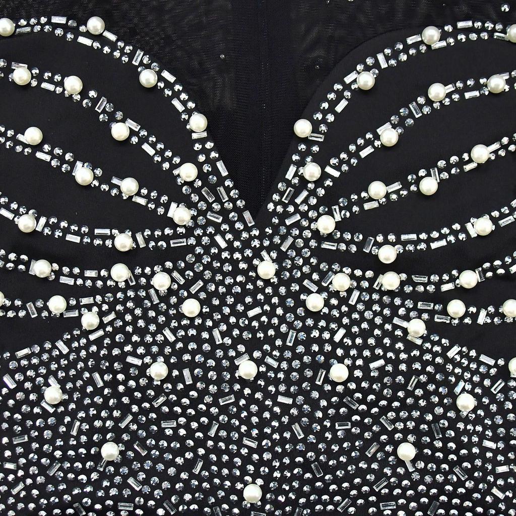 European & American Fashion Women's Solid Color Mesh Long Sleeve Mini Dress with Hot Drilling.