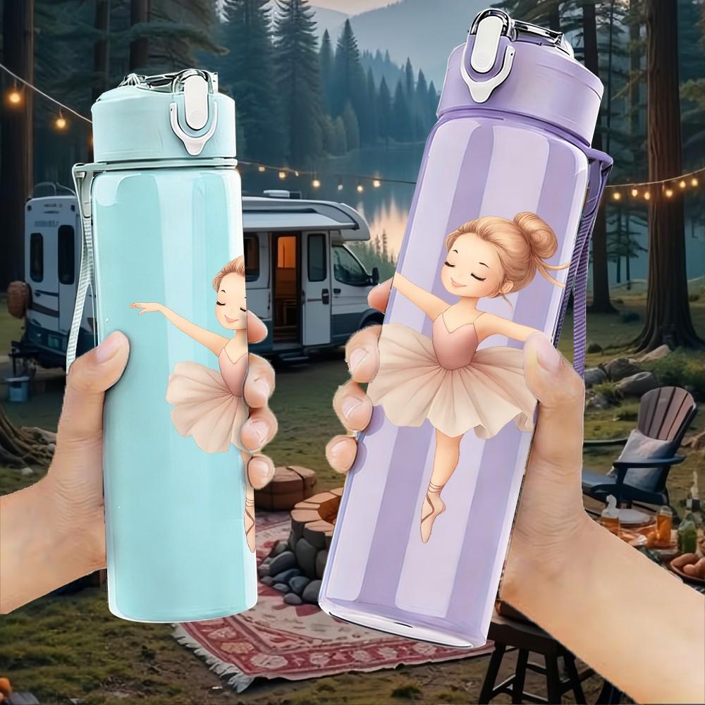 1 Pezzo Ragazza Ballerina Stampa Lineare Bianca 750ml Plastica Colorata Borraccia Sportiva Tappo Flip con Cannuccia Anti-perdita Adatta per Sport Ufficio Uso Domestico