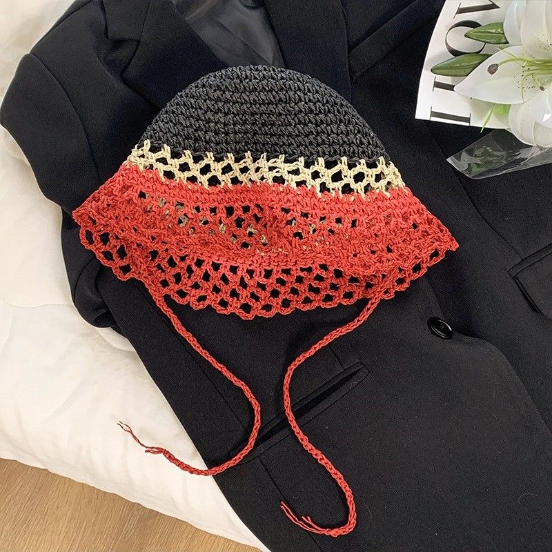 

Tie-Waist Summer Straw Hat Women s Bucket Hollow Out Breathable Color Block Sun Protection Woven Korean Style Fisherman Hat Sunshade Face-Flattering one size червоний