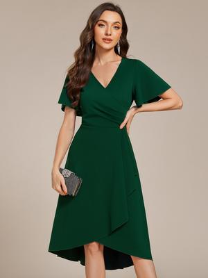 Ever-Pretty Elegantes Damenkleid mit hohem Stretchanteil, V-Ausschnitt, Rüschenärmeln, Midilänge, Hochzeitsgastkleid