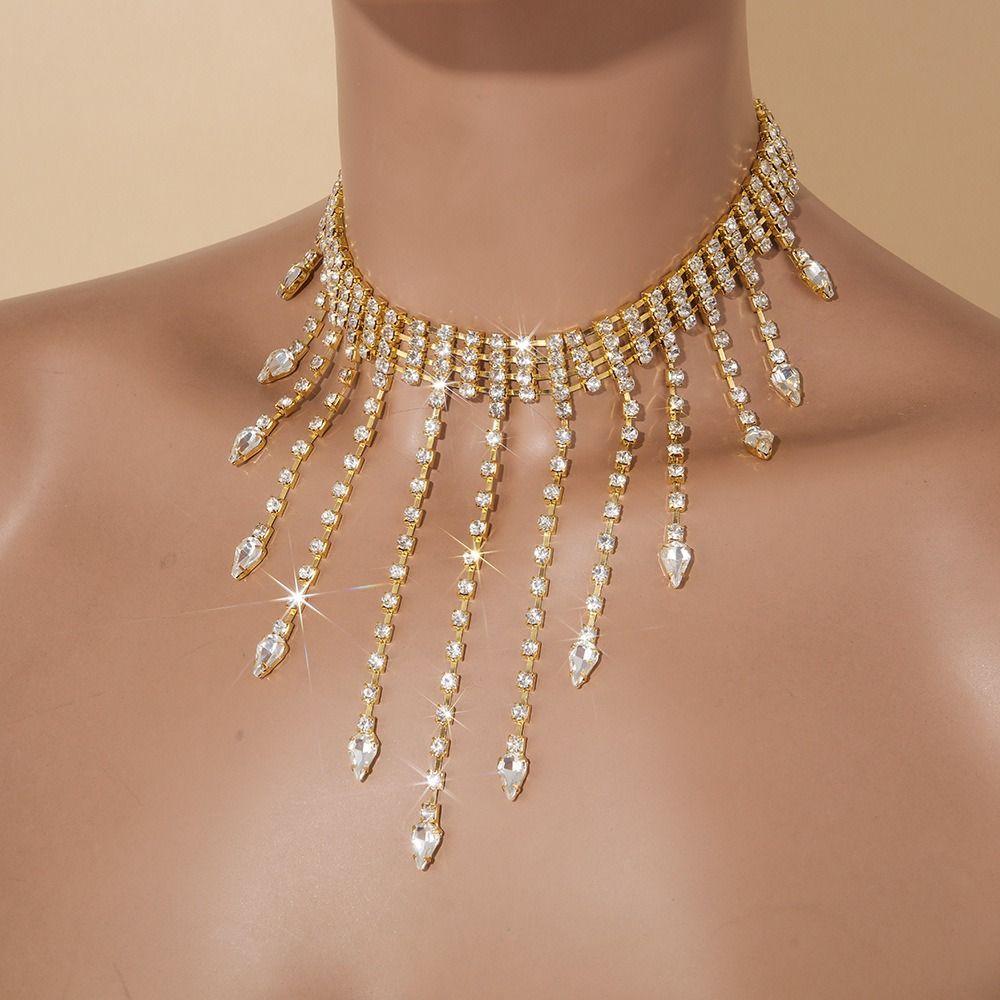 Geometric Tassel Necklaces Sparkling Wedding Bride Jewelry Sweet Full Rhinestone Necklaces  Wedding