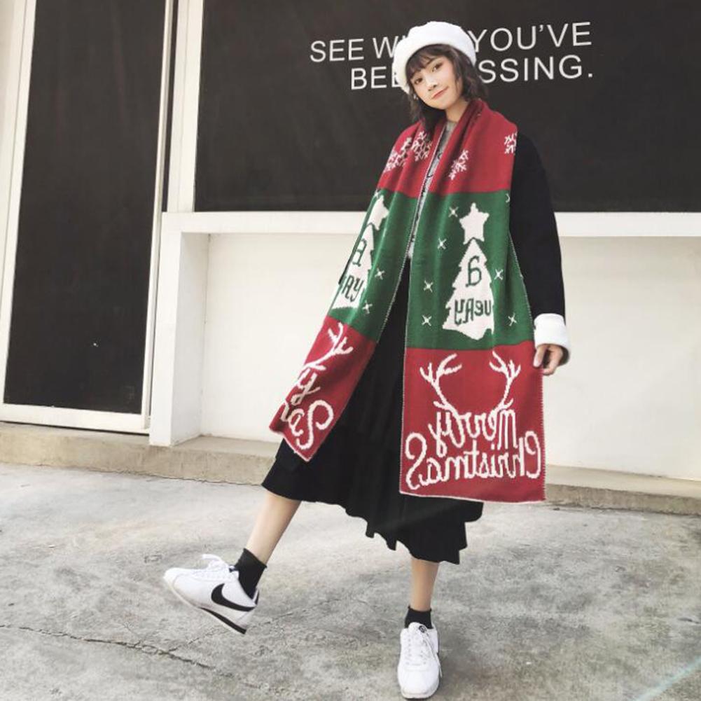Women Fashion Christmas Elemental Pattern Knitted Woolen Scarf Warm Shawl Couples Christmas Gifts