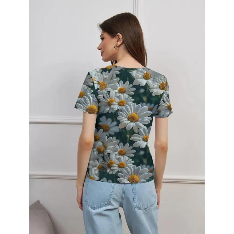 Women's Summer Round Neck Short Sleeved T-shirt Paired with 3D Floral Print Casual Top Breathable and Machine Washable Suitable for Outdoor Daily Wear