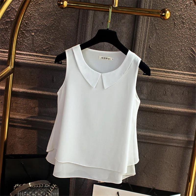 Women s Peter Pan Collar Double-Layer Chiffon Sleeveless Blouse S