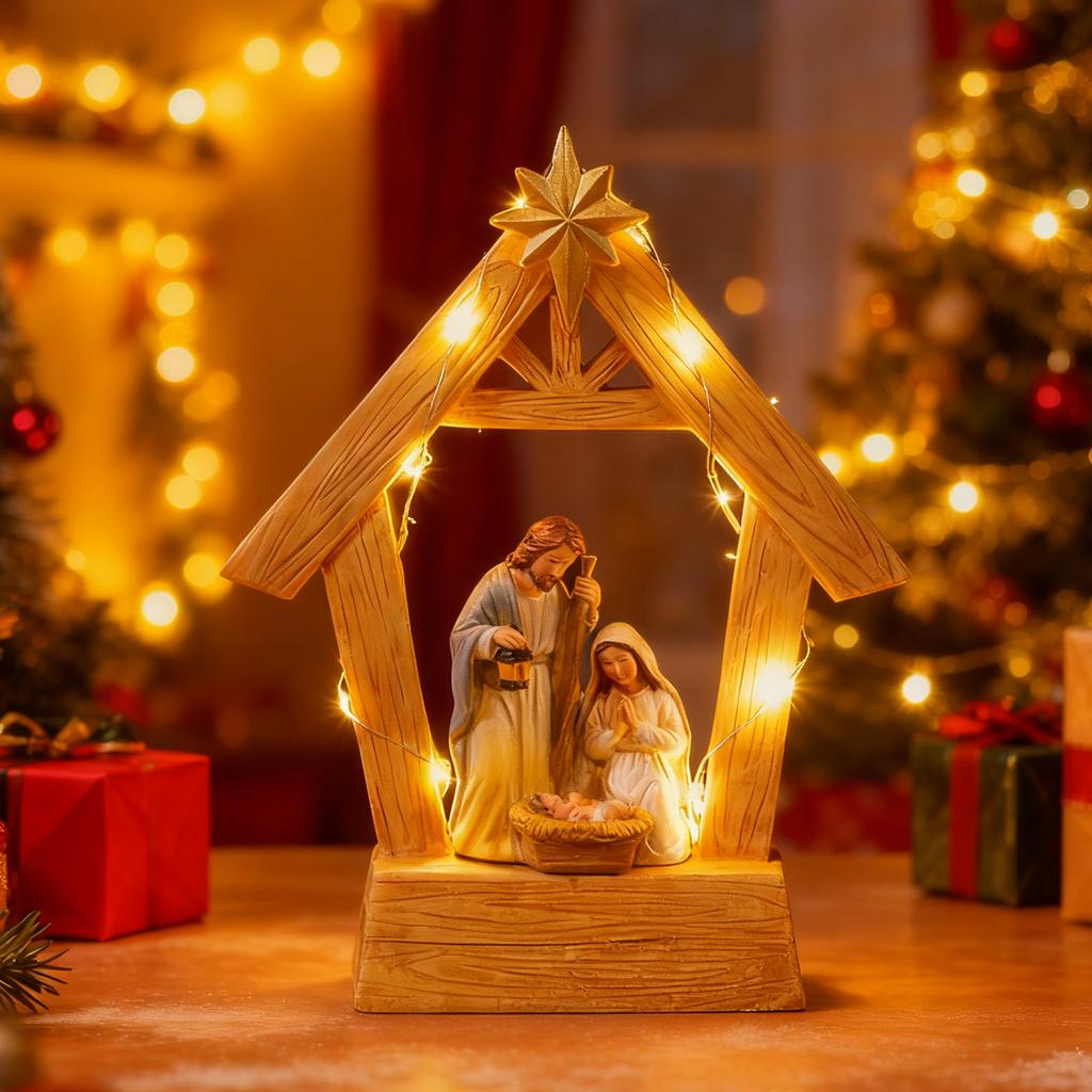 LED Lighted Holiday Resin Manger Nativity Scene Figurine Decors Christmas Themed Tabletop Religious Holy Family Ornament