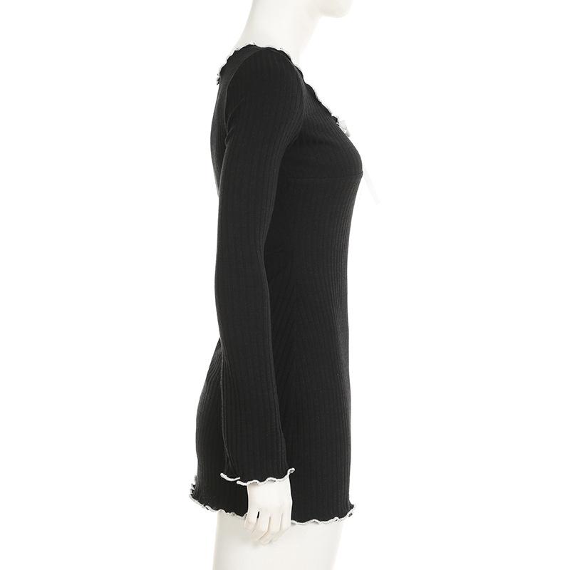 Women's Wavy Bow Sweet Color Contrast Age Reduction Waist Slimming Long Sleeved Dress