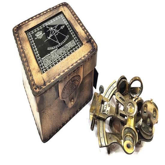 10,16 cm Mosiężny Sekstant Nawigacyjny z Brązowym Skórzanym Futerałem Astrolabium Morskie Instrumenty Okrętowe Prezent Rocznicowy Blat