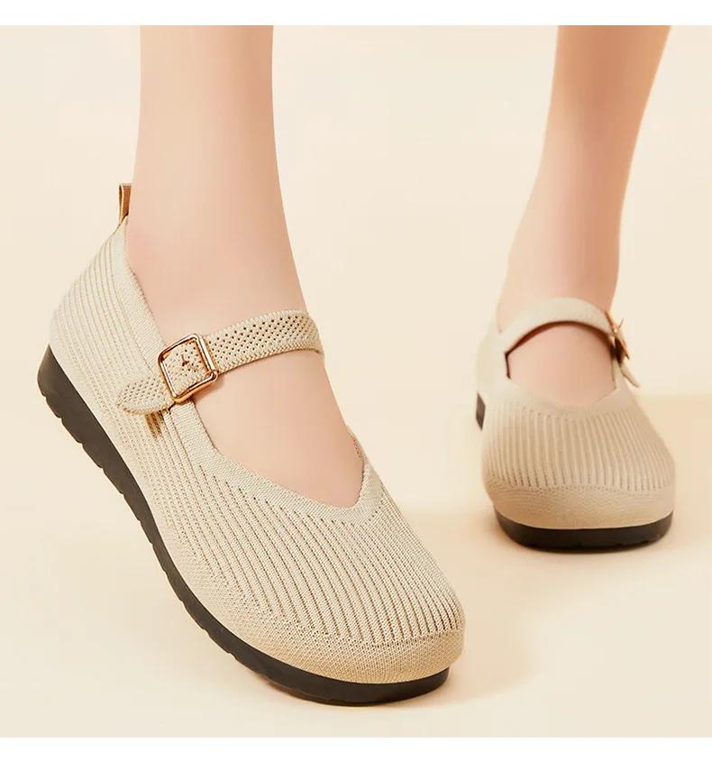 Women's shallow flat shoes, new for spring and autumn 2025, mother's shoes, tower buckle knitted upper, women's shoes