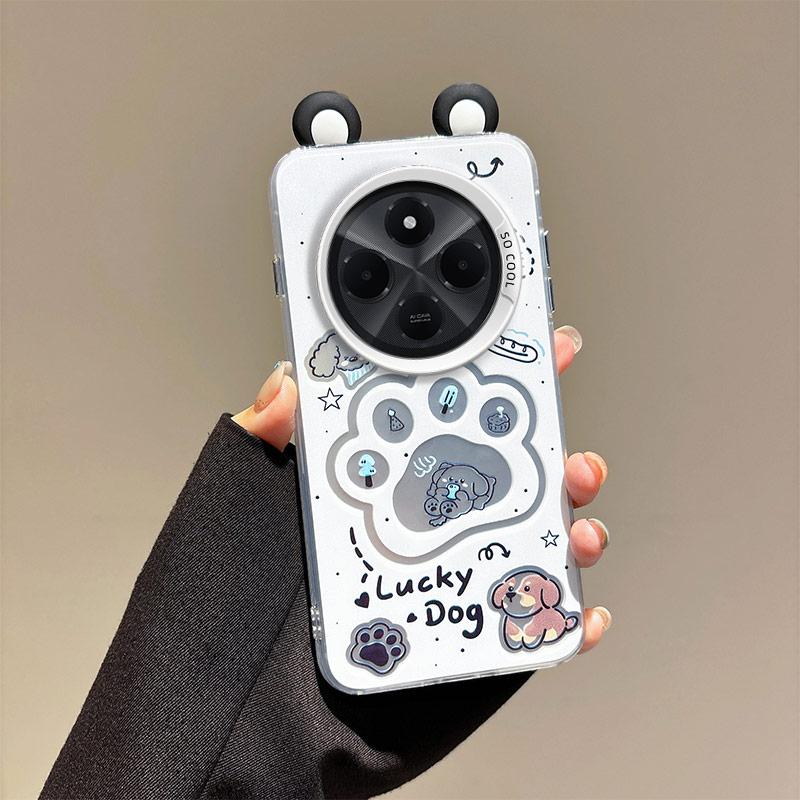 KEYSION Cute Ear Cartoon Case for Redmi 14C with Lanyard Soft Silicone+PC Shockproof Phone Back Cover for Xiaomi POCO C75