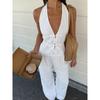 Spring Summer 100% Cotton 2 Piece Set Women Halter Neck Vest + Wide Leg Long Pants Outfit Casual Lace-up Matching Set