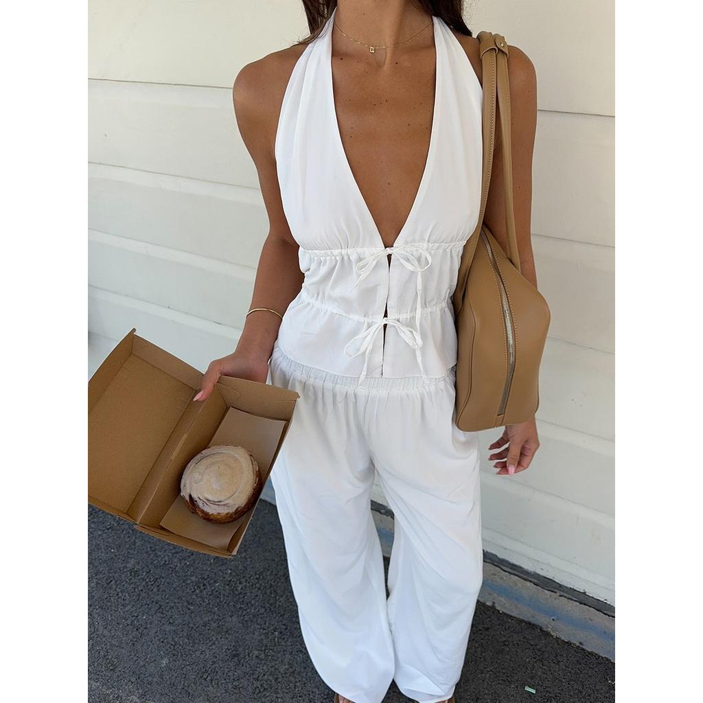 Spring Summer 100% Cotton 2 Piece Set Women Halter Neck Vest + Wide Leg Long Pants Outfit Casual Lace-up Matching Set