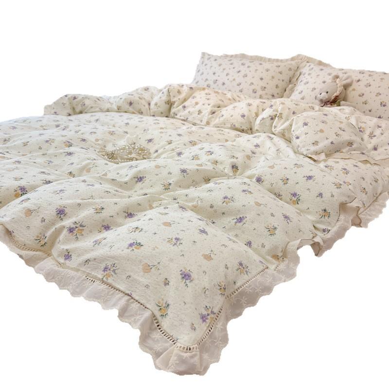 Small fresh washed cotton bed four-piece set double-layer yarn floral quilt cover sheets princess wind hollow lace three-piece set