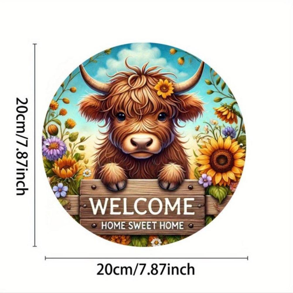 Hisun Tin Sign Vintage Welcome Home Sweet Home Highland Cow Metal Tin Sign Cute Floral Sunflower Round Wall Art Decor Rustic Farm Animal Cow