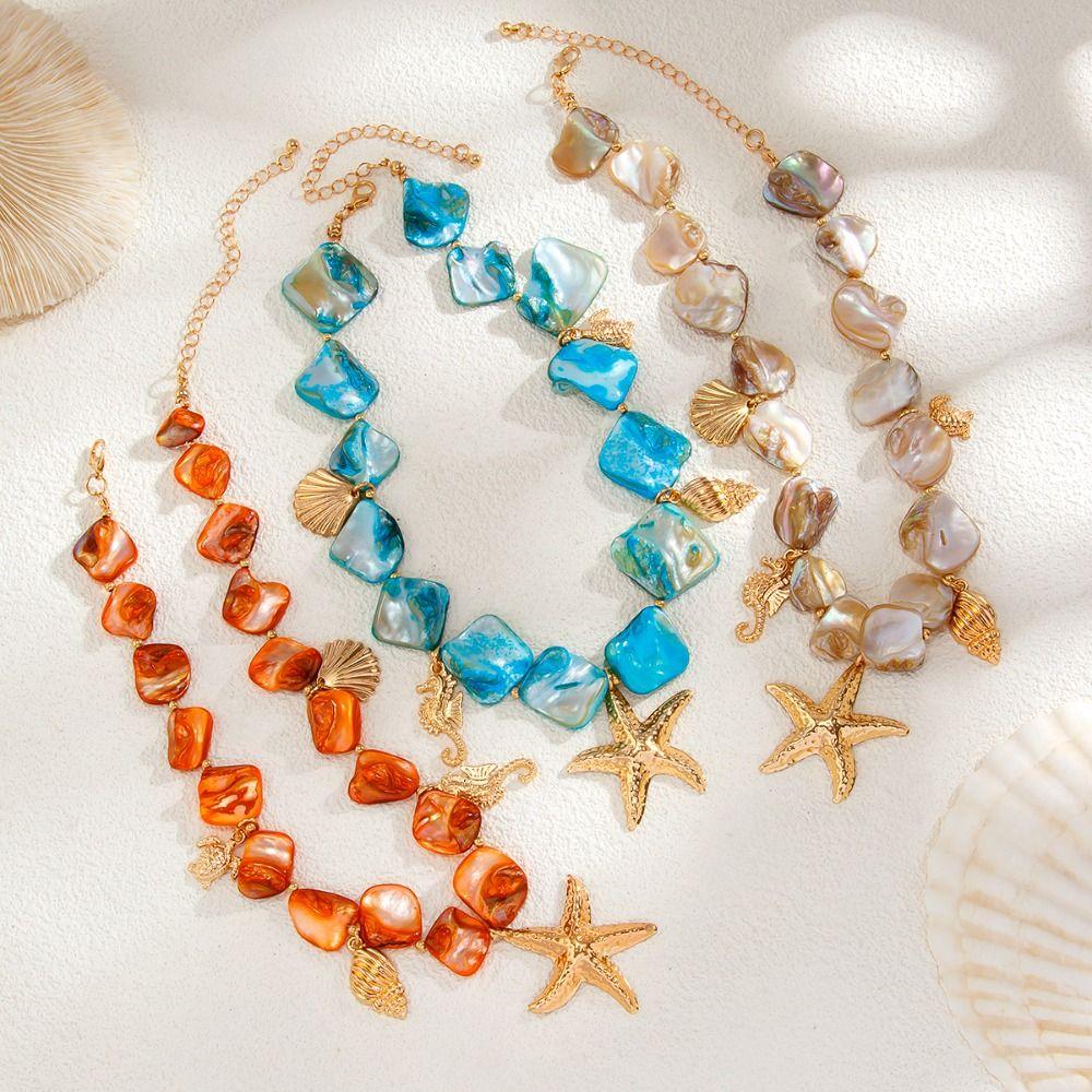 Starfish Conch Pendant Irregular Chain Necklace Bohemian Jewelry  Summer Beach Vacation
