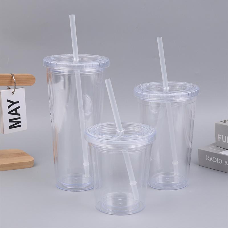 Clear Tumbler With Straw Reusable Transparent Double-Layer Water Bottle For Coffee Milk Diy Smoothie Cup Drinkware 1Pc