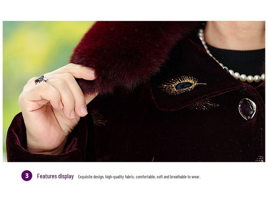 Grandma's Mink Velvet Coat with Fleece Lining, Thickened, for Middle-Aged & Elderly, Fur Collar, Warm Cotton-Padded Jacket.