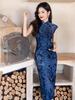 Blue Petite Women's Cheongsam 2025: Autumn Retro Style Dress