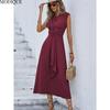 MODIQUE 2025 Summer Plus Size New Women's Casual Solid Color Off Shoulder Elastic Waist Sleeveless O-Neck Long Dress