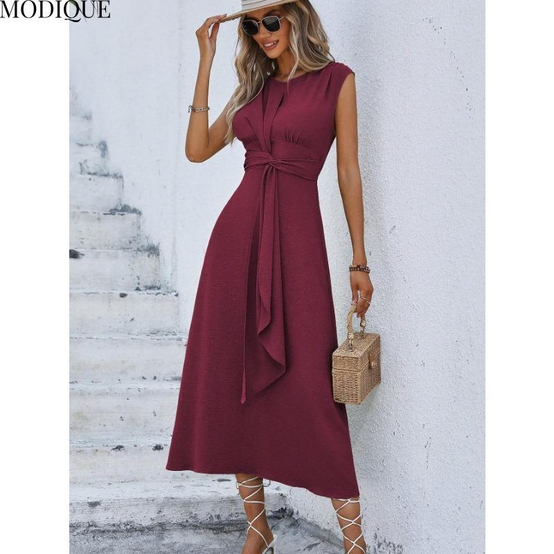 MODIQUE 2025 Summer Plus Size New Women's Casual Solid Color Off Shoulder Elastic Waist Sleeveless O-Neck Long Dress