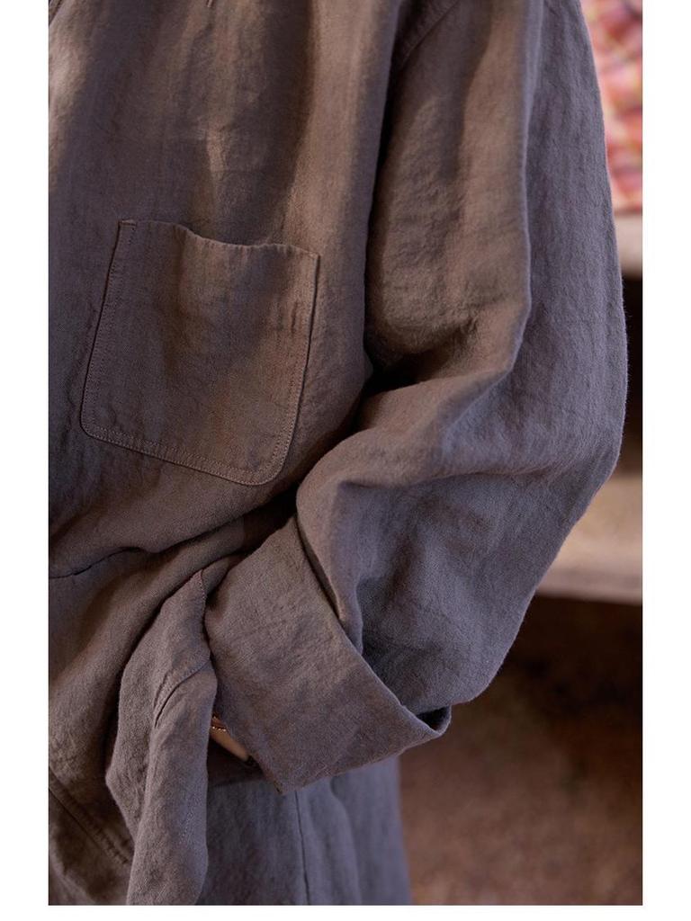 Spring Summer Retro Women's Tea Brown Linen Plus Size Slimming Loose Lapel Shirt Outerwear