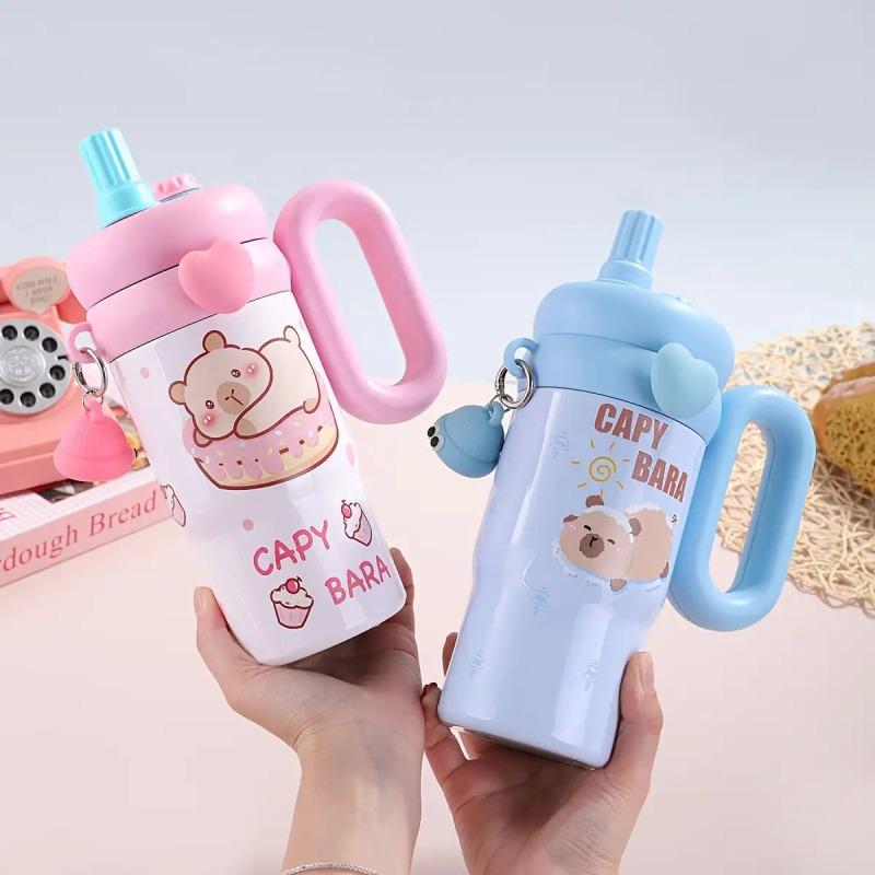 850ML Cartoon Cute Thermal Water Bottle With Straw Handle Large Capacity Student and Children Double Drinking Tumbler Coffee Cup