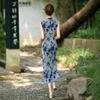 1011 summer Chinese style improved Jiangnan ink printing composite mesh Oriental rhyme women's spring and summer sleeveless cheongsam long