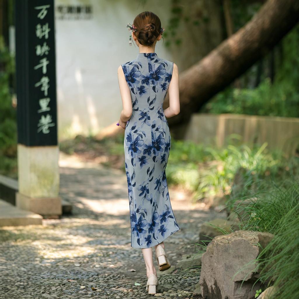 1011 summer Chinese style improved Jiangnan ink printing composite mesh Oriental rhyme women's spring and summer sleeveless cheongsam long