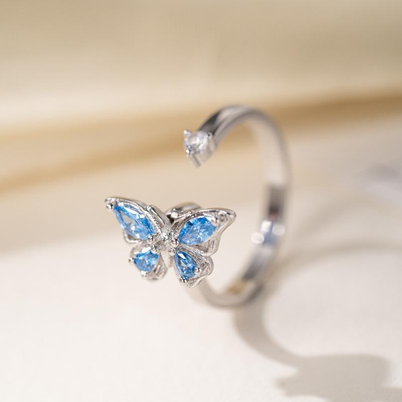 Cute Butterfly Animal Fidget Spinner Ring For Women Glittering Rhinestones Anti-Stress Anxiety Relief Rotating Ring Anillos