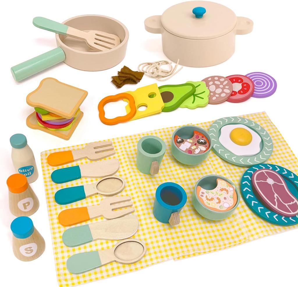 Toys Accessories Toys Wooden Pretend Play Kitchen Cutting Food Set Breakfast Set Baking Toy Children's Role Playing Kitchen Kids