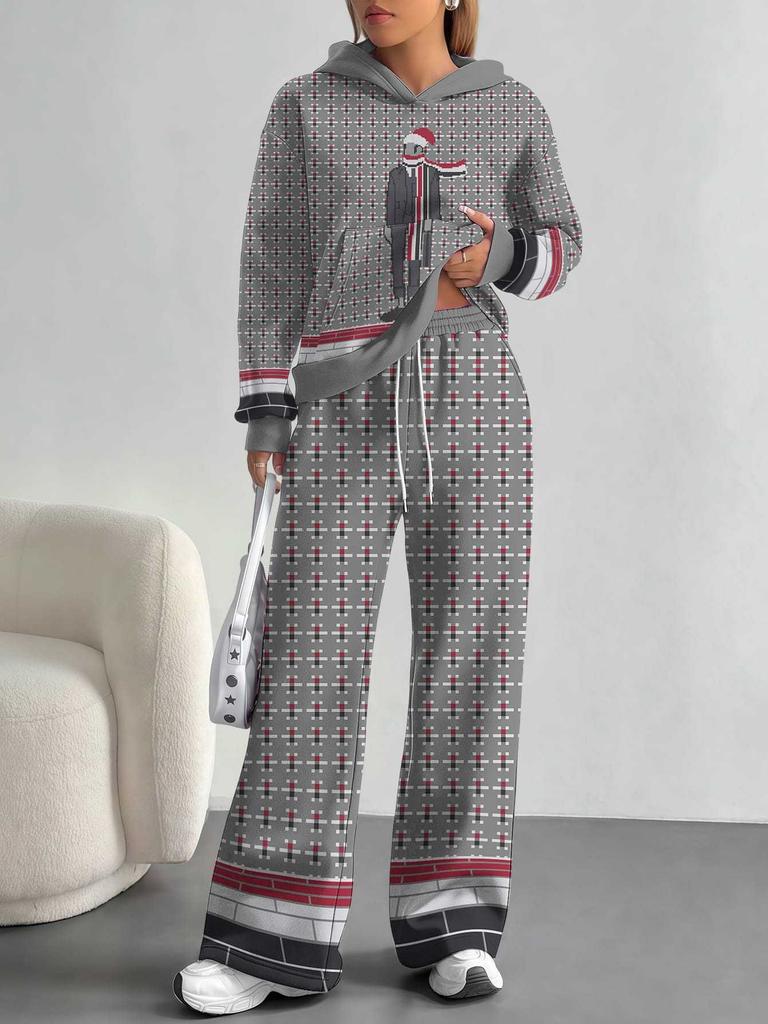 1116 European and American Autumn/Winter Casual Color Patchwork Long-Sleeve Set, Women's Hoodie and Long Pants Set