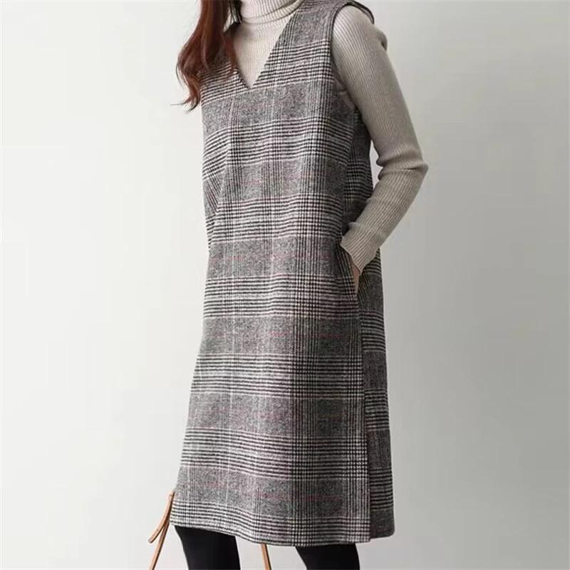 Damen Strickweste Kleid Baumwolle V-Ausschnitt Pullover Kariert Vintage Tanktop Ärmelloses Kleid mit Taschen