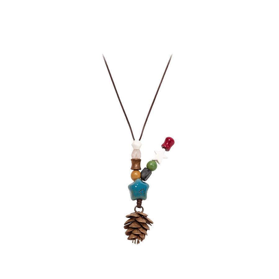 Ethnic Retro Leather Rope Raffia Necklace: Pine Cone & Mushroom Design, High-End Fashion Sweater Chain for Women