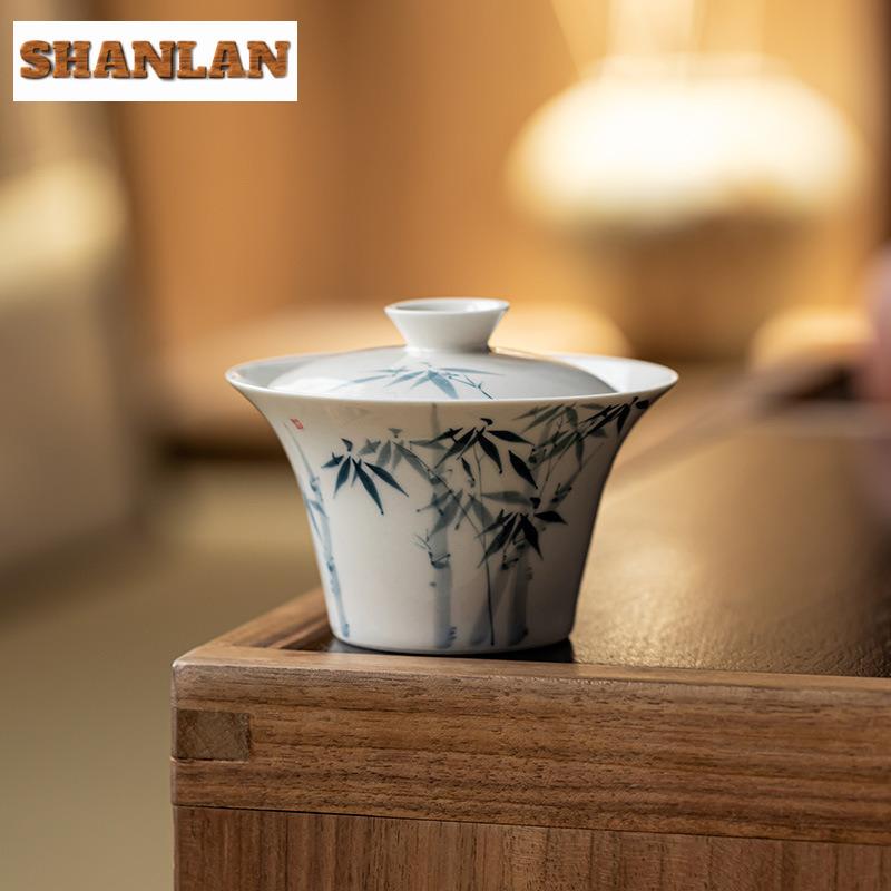 110ml Hand-painted Blue Bamboo Gaiwan Ancient Plant Gray Tea Tureen Tea Bowl With Lid Kit Tea Brewing Cover Bowl Teaset Gift