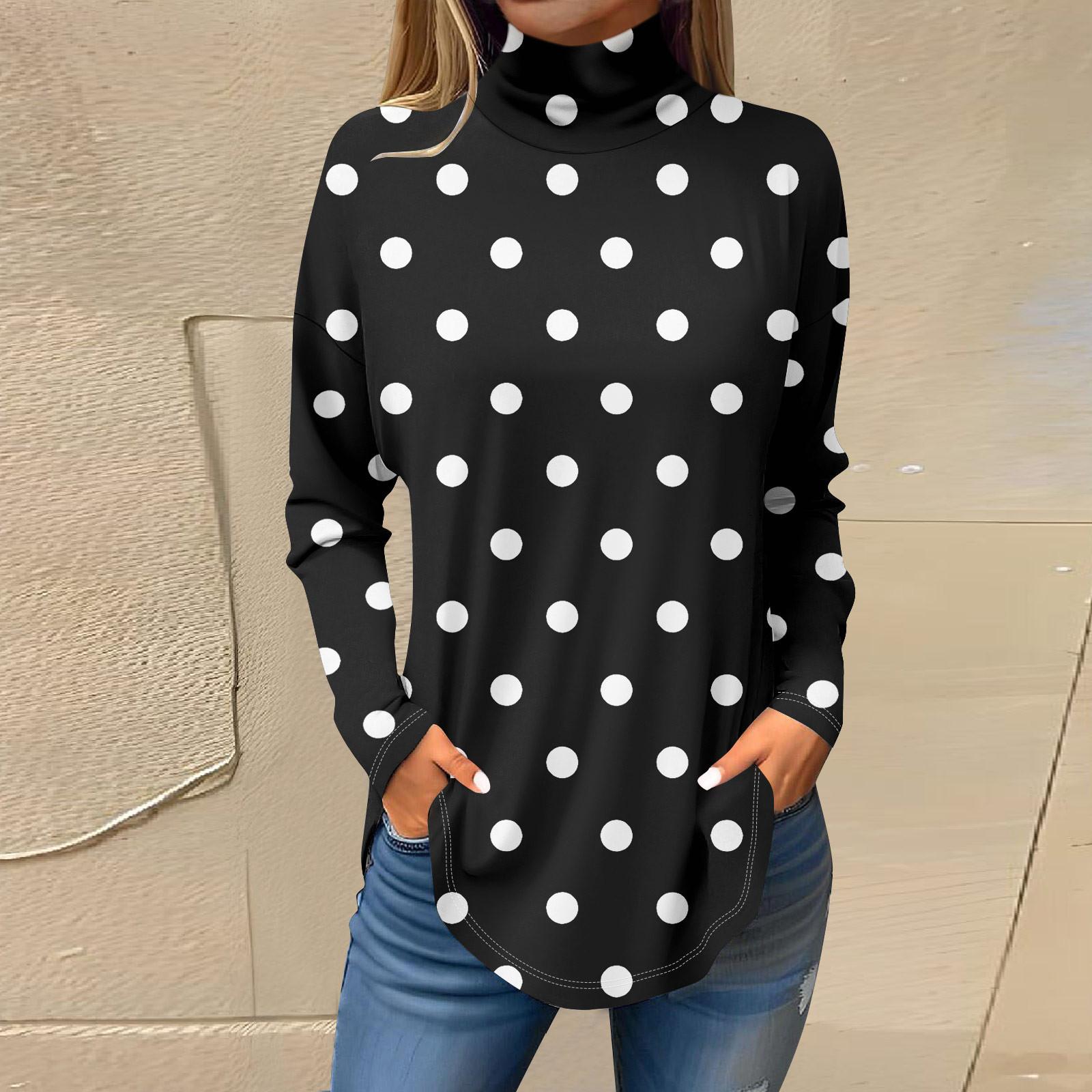 

Футболки для женщин, осенние повседневные рубашки с длинными рукавами, толстовка с винтажным принтом, топ с высоким воротом, пуловер XXL чёрный