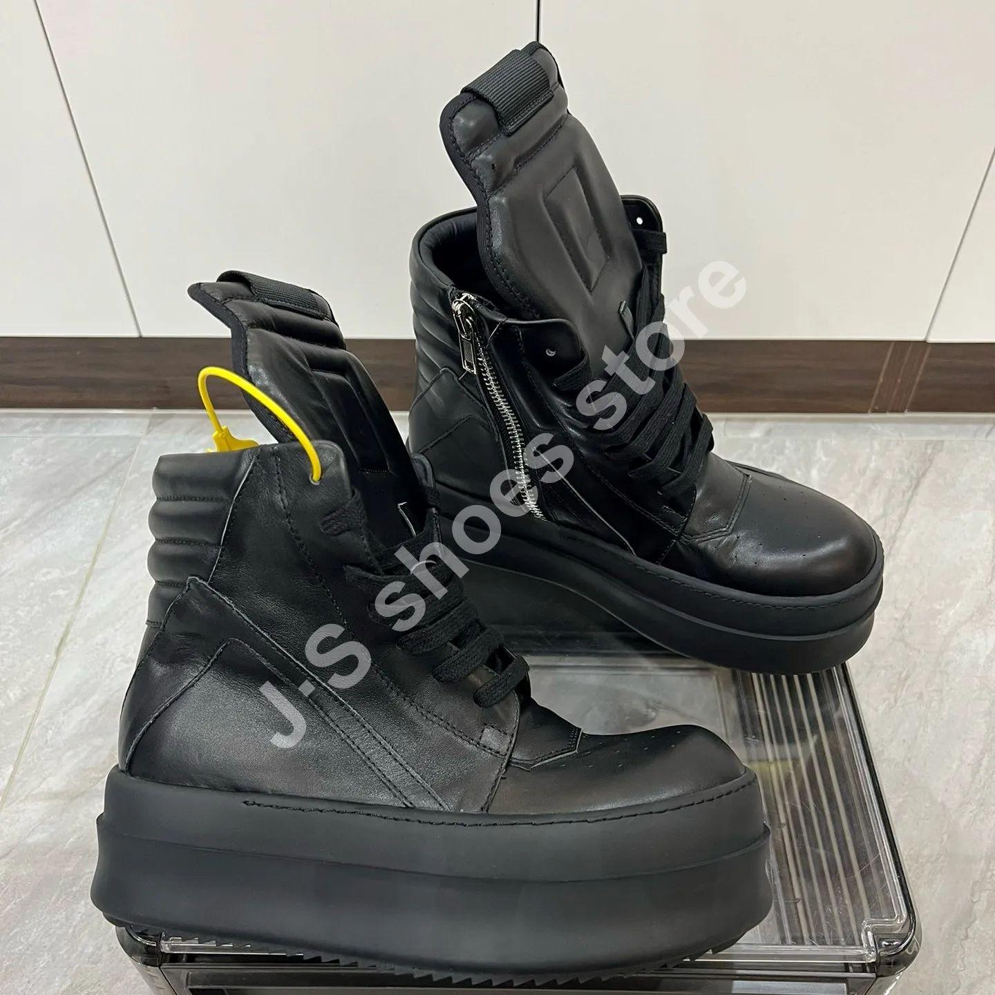 

R-o Дизайнерская мужская обувь Женские кроссовки Обувь с высоким верхом Черные кожаные ботинки Роскошные повседневные кроссовки Молния 6см Толстая подошва Ботильоны 48 чёрный