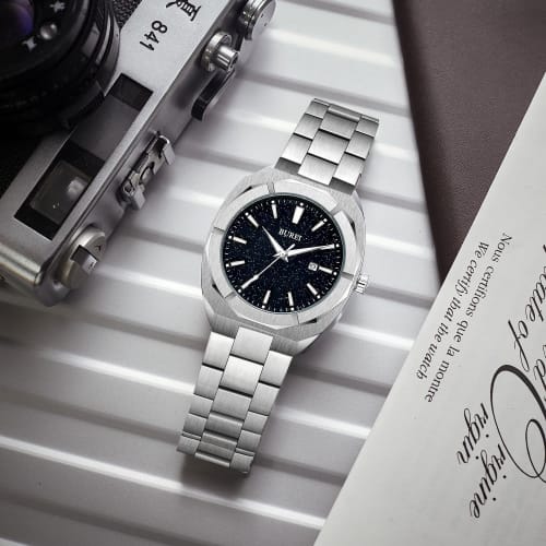 BUREI Men's Analog Quartz Watch, Simple Design, Waterproof, Black, Popular, Stylish, for Gentlemen, Business, Casual, Luminous, Watch T