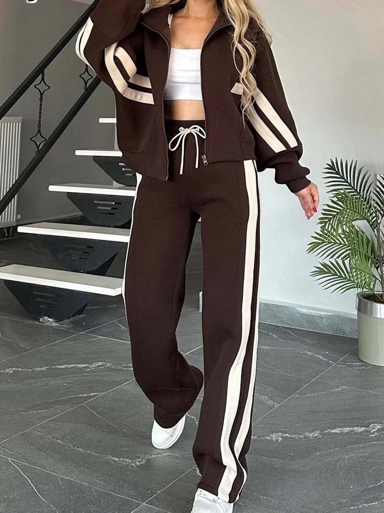 Autumn  Striped Zipper Jacket Casual Sports Set Women