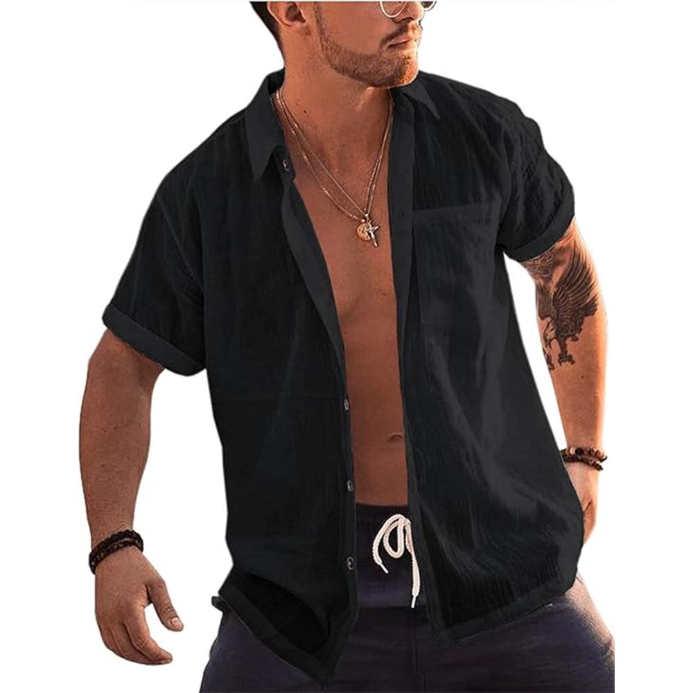 Herren Kurzarm Button Up Hemden Leinen Baumwolle Strand Tops Umlegekragen Sommer T-Shirt mit Tasche