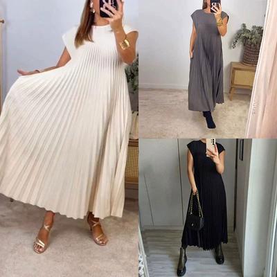 Women's Summer Elegant Round Neck Sleeveless Pleated Long Dresses