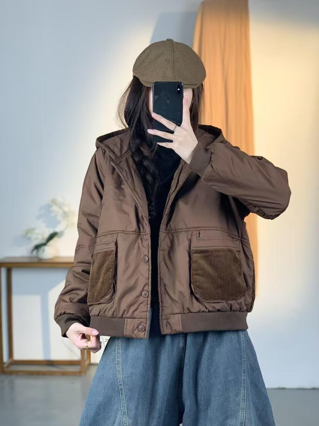 

2025 autumn and winter new loose padded cotton-padded clothes women s hooded splicing fashion warm casual style solid color comfortable coat One size темного кольору хакі